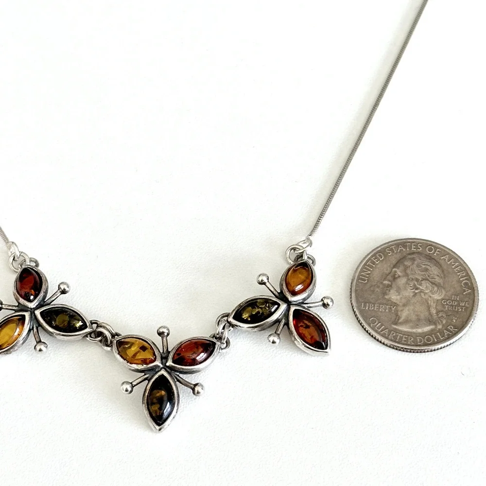 Vintage 925 Sterling Silver Natural Amber Cabochon Three Flowers Necklace 18